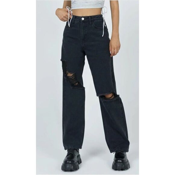 Princess Polly Fraya High Rise Ripped Black Denim Boyfriend Jeans size 12 - Picture 1 of 6
